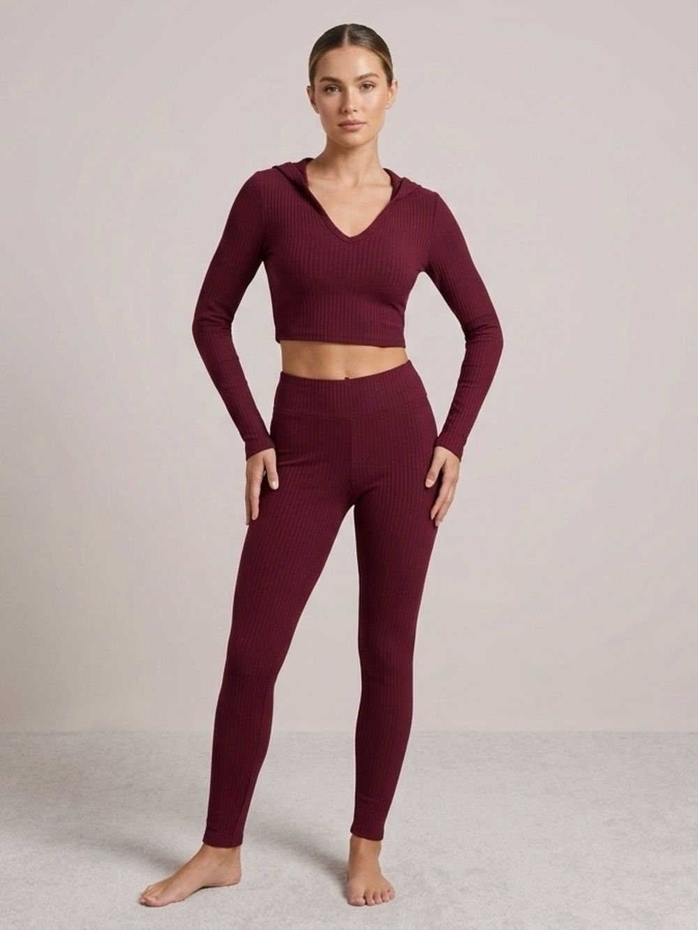 Fashion Nova Ribbed Hoodie Crop Top & High-Waist Leggings Set - Burgundy